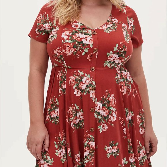 New Torrid Red Terracotta Floral Challis Button Midi Dress - Picture 3 of 4